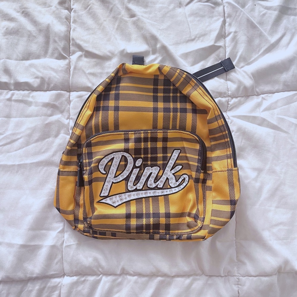 victoria secret pink  y2k inspired black and yellow plaid mini backpack